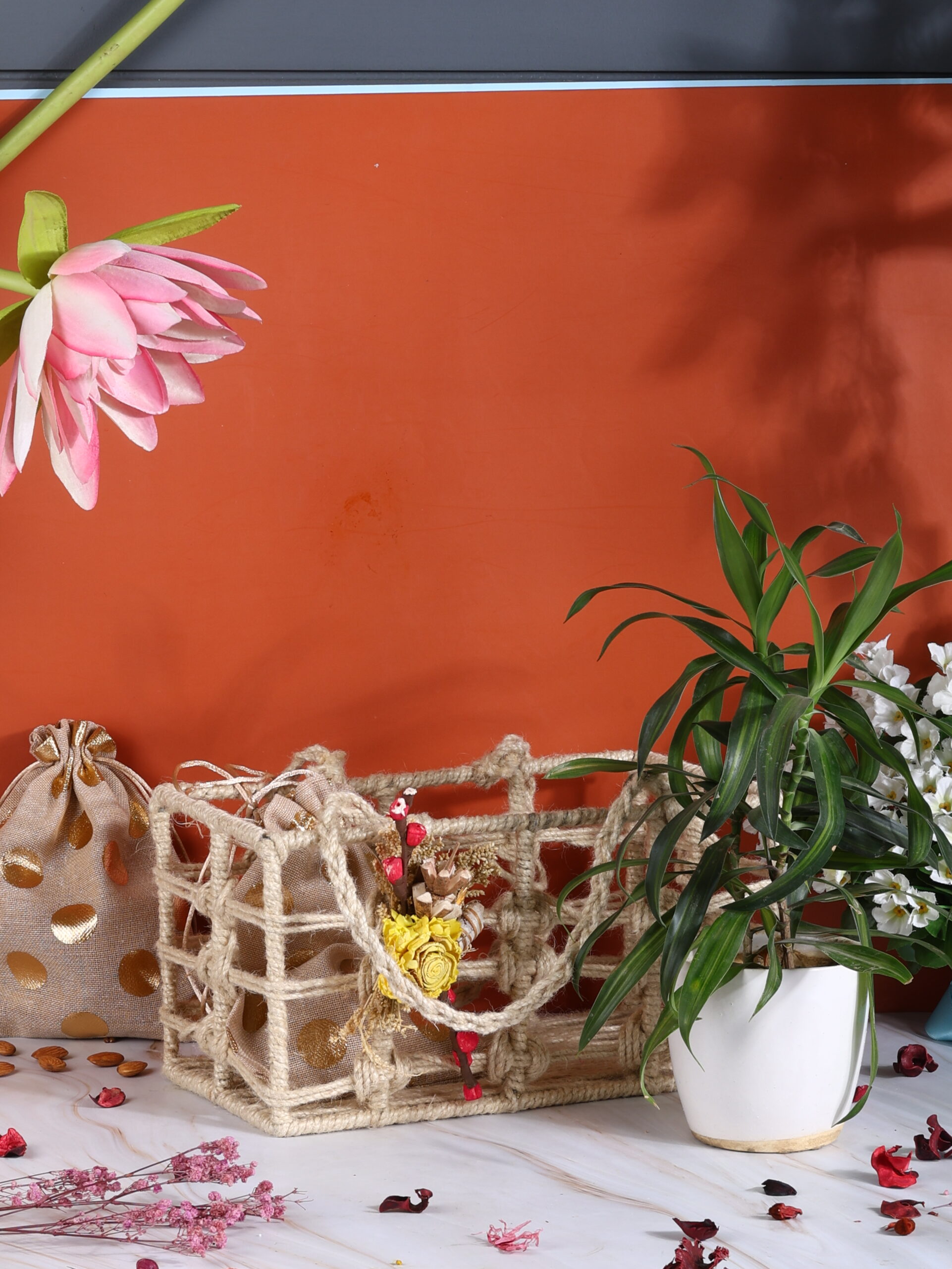 The Earthy Elegance Basket – Jute Potlis & Plant Gift Set