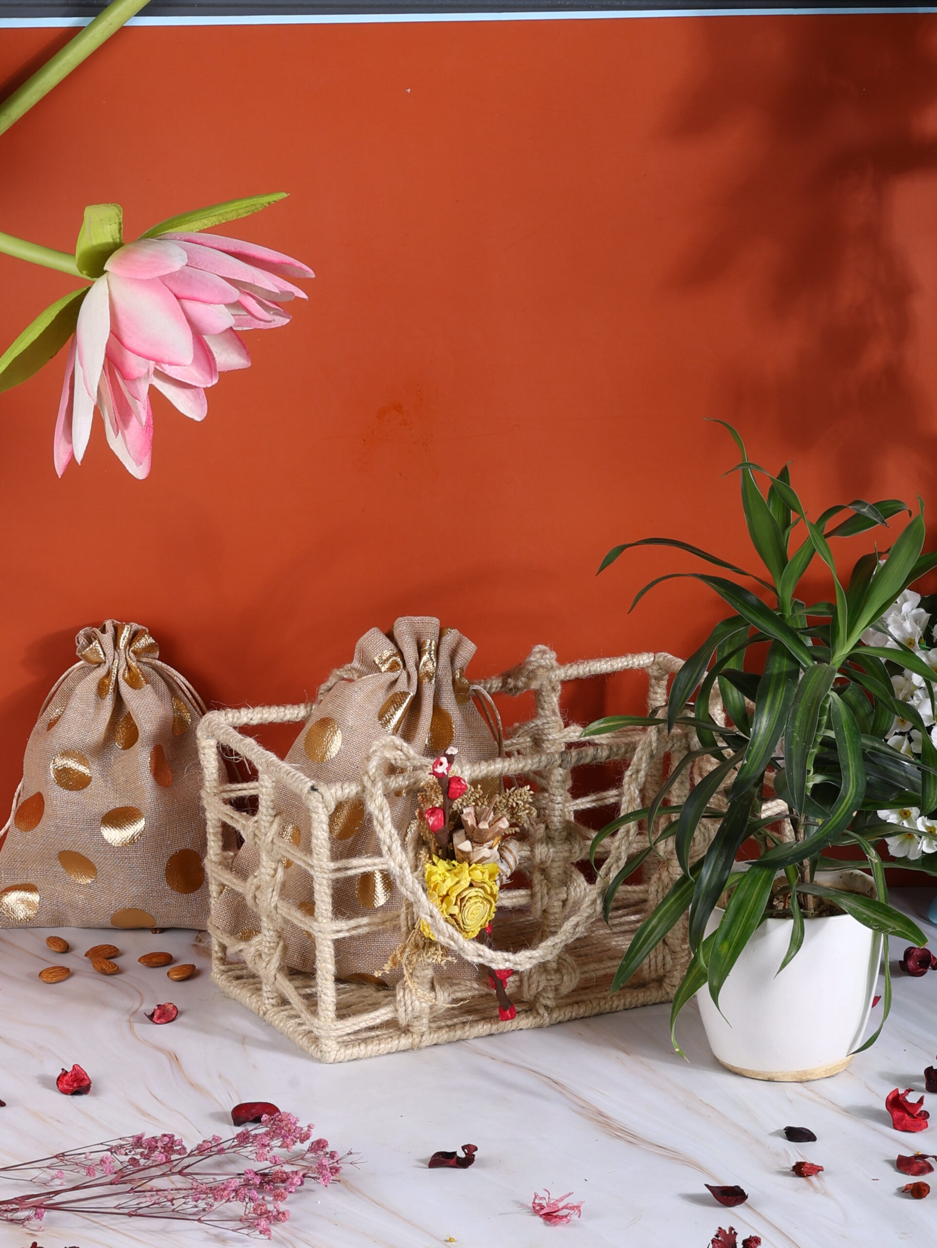 The Earthy Elegance Basket – Jute Potlis & Plant Gift Set