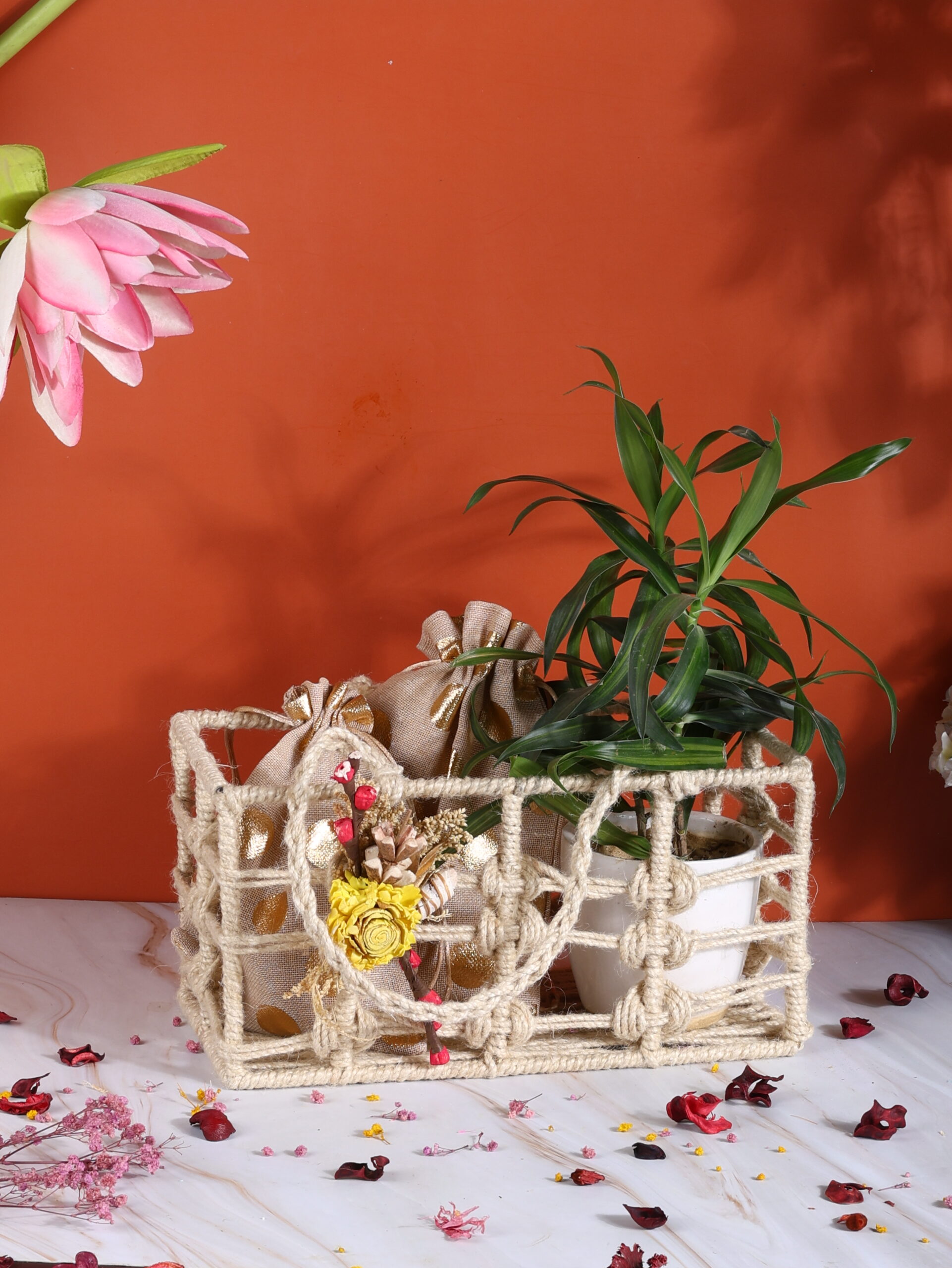 The Earthy Elegance Basket – Jute Potlis & Plant Gift Set