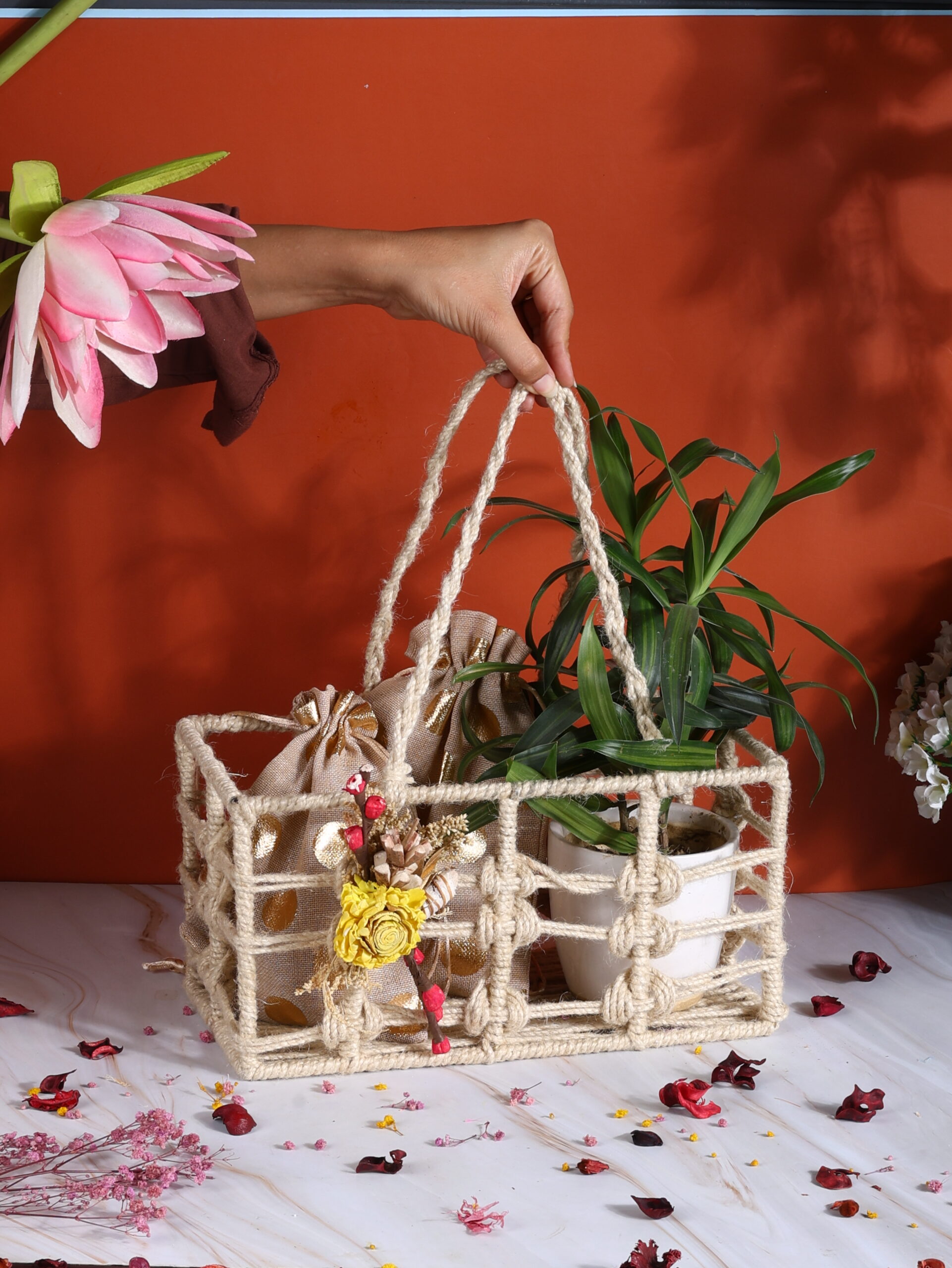 The Earthy Elegance Basket – Jute Potlis & Plant Gift Set