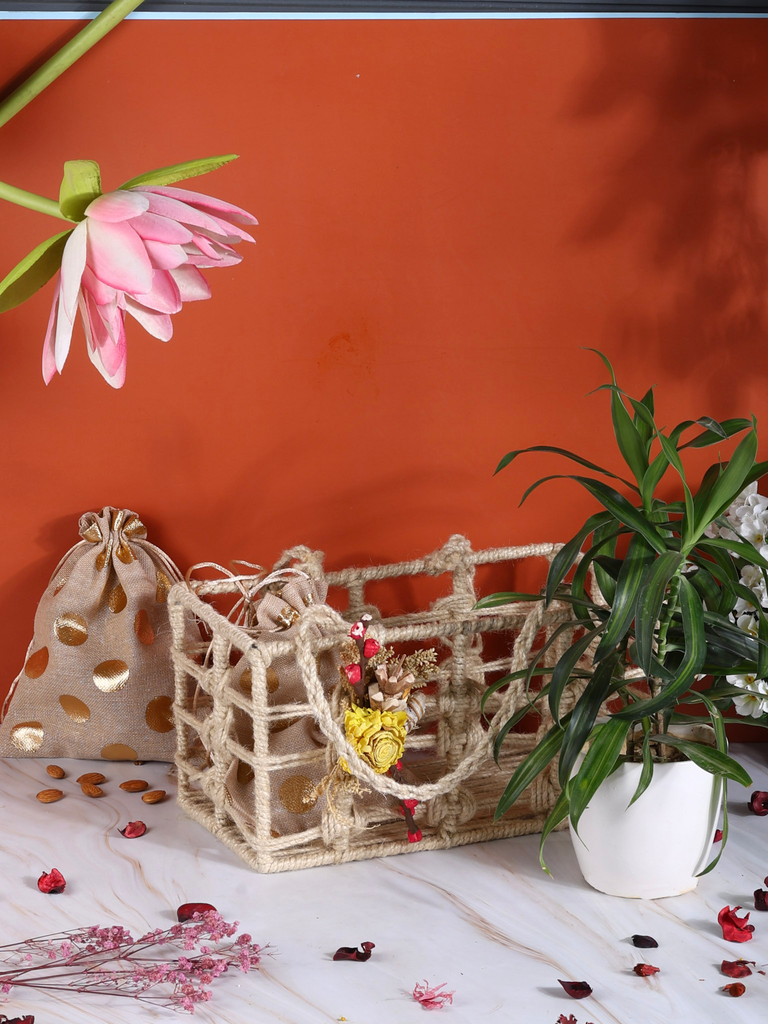 The Earthy Elegance Basket – Jute Potlis & Plant Gift Set